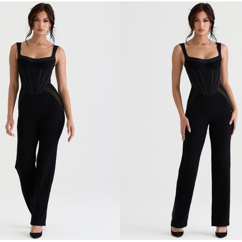 House Of Cb 'Mylene' Black Corset Jumpsuit Nwot Gem